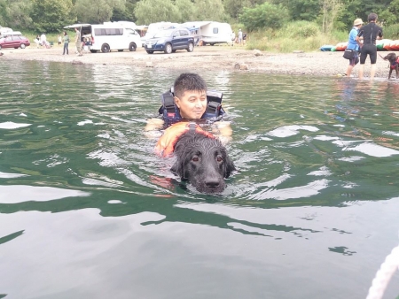 西湖で水上バイク犬